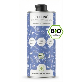 Flasche mit biologischem Leinsamenöl, beschriftet mit "BIO Leinöl", mit einem blauen Design, das Hunde und Katzen zeigt, neben einer braunen Pappschachtel mit Tierillustrationen.