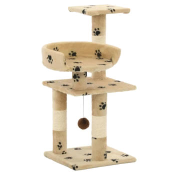 Katzenbaum mit drei Ebenen, bedeckt mit beigem Stoff mit schwarzen Pfotenabdrücken, mit einer gemütlichen oberen Plattform und einem hängenden Spielzeug.
