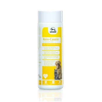 Behälter von Fortan Rein-Casein, einem Proteinergänzungsmittel für Haustiere, mit einem Golden Retriever und einer Katze auf dem Etikett, mit deutschem Text.