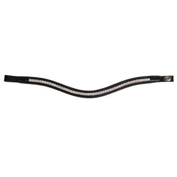 Schwarzes Lederhalsband für Hunde, verziert mit einer Reihe funkelnder Strasssteine, mit einem geschwungenen Design und einem Druckverschluss.