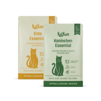 KatKare Katzen-Snack-Tütchen, grünes Kaninchen Essential und gelbes Ente Essential, Katzen-Grafik; Text: 'Snack good. Do good.'