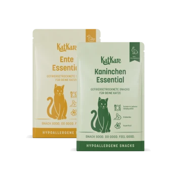 KatKare Katzen-Snack-Tütchen, grünes Kaninchen Essential und gelbes Ente Essential, Katzen-Grafik; Text: 'Snack good. Do good.'