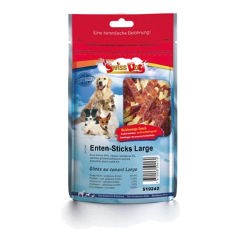Verpackung für Swiss Dog Enten-Sticks Large, mit Bildern verschiedener Hunde, mit Text, der "Eine himmlische Belohnung!" und Produktdetails hervorhebt.