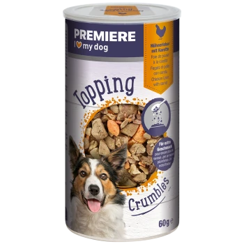 Premiere I Love My Dog Topping Crumbles, 60g blik met kippenlever met wortel, met een kleurrijk ontwerp en een serveersuggestie-icoon.