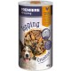 Premiere I Love My Dog Topping Crumbles, 60g Dose mit Hühnerleber und Karotte, mit einem bunten Design und einem Serviervorschlag-Symbol.
