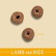 Three brown, donut-shaped pet food kibbles labeled "LAMB and RICE," with a measurement of 19 mm displayed beside them.