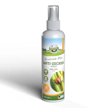 Flasche BELFOR Anti-Zecken-Spray, 250 ml, mit einem Zeckenbild und grünem Pflanzenhintergrund, beschriftet mit "Die natürliche Pflege."