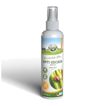 Flasche BELFOR Anti-Zecken-Spray, 250 ml, mit einem Zeckenbild und grünem Pflanzenhintergrund, beschriftet mit "Die natürliche Pflege."