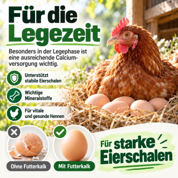 Zwei flauschige gelbe Küken picken den Boden in einer warmen Umgebung, mit "NATÜRLICHE HALTUNG für glückliche Hühner" in grün darunter.