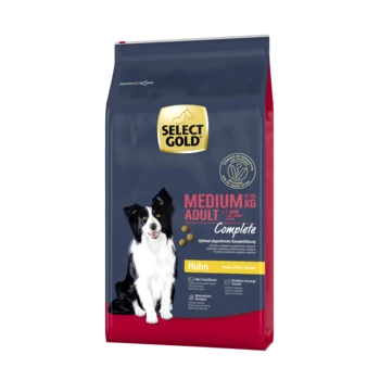 Sac de SELECT GOLD d'aliments complets pour chiens adultes de taille moyenne, saveur poulet (Huhn), avec image d'un chien noir et blanc