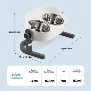 Verstellbare erhöhte Doppel-Edelstahlnäpfe auf Gestell, mit 16,5 cm‑Beschriftung und Tabelle 'NAPF ABMESSUNGEN' mit 750 ml Fassungsvermögen