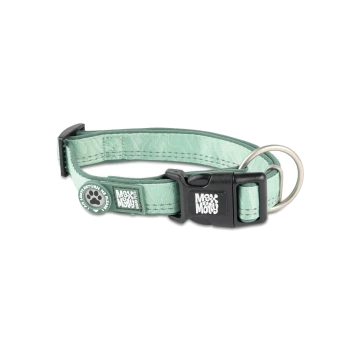 Mintgrünes verstellbares Hundehalsband mit schwarzer Schnalle, Metall-D-Ring und "Max & Molly" Logo auf Schnalle und Anhänger.