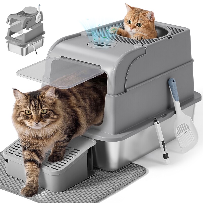 FEANDREA Katzenklo Edelstahl, geschlossen Katzentoilette, 2 Eingänge dunkelgrau