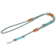 Gray and teal braided dog leash with leather accents and metal clasps, designed for durability and style.