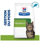 Sac de nourriture pour chats Hill's Prescription Diet Metabolic présentant un chat tigré avec un collier bleu, étiqueté "Gestion du Poids."