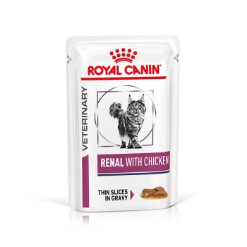 Royal Canin Veterinärbeutel mit 'Renal mit Huhn' Katzenfutter, mit einem Katzenbild, mit dem Text 'Dünne Scheiben in Soße'.