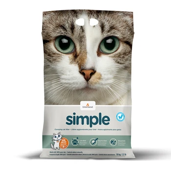 Katzenstreu-Beutel mit der Aufschrift 'simple', mit einer Cartoon-Katze, die niedrigen Staub, einfache Reinigung und geruchlos verspricht.