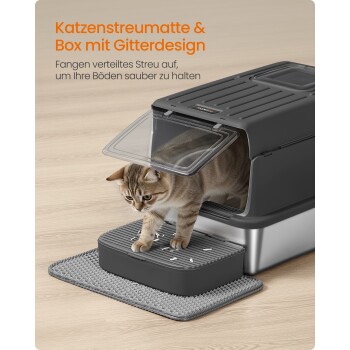 Katze verlässt überdachte Katzenstreu-Box mit geriffeltem Gitterschritt auf Matte; sichtbarer Text 'Katzenstreumatte & Box mit Gitterdesign'