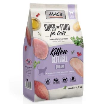 Superfood for Cats Kitten 1,5kg MACs Super Food für Katzen Kitten Trockenfutterbeutel, der Geflügelzutaten enthält, mit Text, der den hohen Fleischgehalt, Omega-3 & 6 und Kräuter hervorhebt.