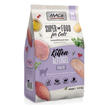 MACs Super Food für Katzen Kitten Trockenfutterbeutel, der Geflügelzutaten enthält, mit Text, der den hohen Fleischgehalt, Omega-3 & 6 und Kräuter hervorhebt.