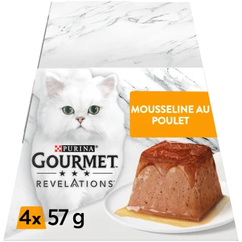 Purina Gourmet kattenvoerdoos met witte langharige kat, kipmousseline op bord; tekst 'MOUSSELINE AU POULET', '4x57 g'.