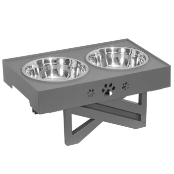 Doppeltes Edelstahl-Hundefutter- und Wassernapfset in einem grauen Ständer, mit Pfotenabdruckdesigns auf der Vorderseite.