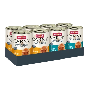 Acht Dosen Animonda Carny Cat Drink in einem schwarzen Tablett, Geschmäcker "mit Huhn" und "mit Thunfisch", gekennzeichnet "OHNE MILCH."