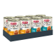 Huit canettes de boisson pour chats Animonda Carny dans un plateau noir, saveurs "avec poulet" et "avec thon," étiquetées "SANS LAIT."
