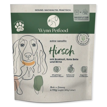 Wynn Petfood Verpackung mit 'extra-sensitiv Hirsch' mit Brokkoli, Rote Beete und Birne. Hergestellt in Deutschland, 110g (ergibt 385g Futter).