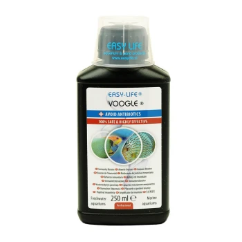 Easylife Voogle 250 ml Flasche Easy-Life Voogle, ein 250 ml Aquarienprodukt, beschriftet als '100% sicher & hochwirksam' mit einem Hinweis, 'Antibiotika vermeiden.'