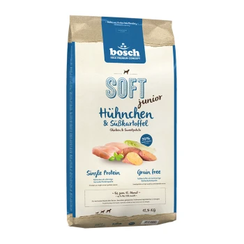 Weiche Junior-Hundefuttertüte mit Huhn und Süßkartoffel, 70% Fleischgehalt, getreidefrei, 12,5 kg, mit dem Etikett 'Single Protein'.
