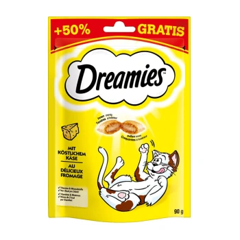 Gelbe Verpackung von Dreamies Katzenleckerlis, mit einer verspielten Katzenillustration, mit Text, der '50% mehr' und 'leckeren Käse' hervorhebt.