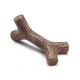 A brown, chewable dog toy shaped like a branch, featuring textured grooves for grip and play.