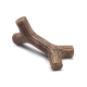 A brown, chewable dog toy shaped like a branch, featuring textured grooves for grip and play.