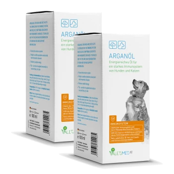 Arganölverpackung für Hunde und Katzen, mit einer Illustration von Hund und Katze, mit Text, der die Unterstützung des Immunsystems und Vorteile hervorhebt.