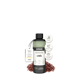 Flasche Alphazoo kaltgepresstes Leinsamenöl für Hunde und Katzen mit Leinsamen und Produktbewertung.