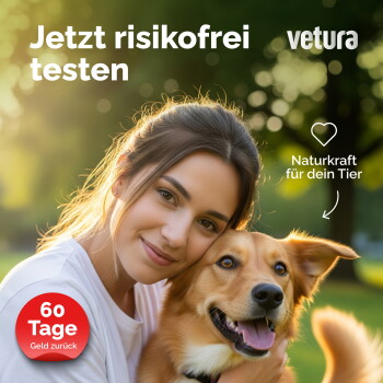 Frau mit Hund im Park; Text: 'Jetzt risikofrei testen'; 'vetura'; 'Naturkraft für dein Tier'; '60 Tage Geld zurück'.