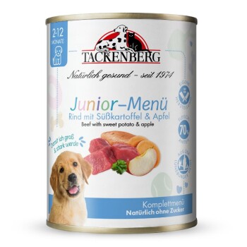 Puszka karmy dla psa Tackenberg Junior-Menu z wołowiną, batatem i jabłkiem, oznaczona dla psów w wieku 2-12 miesięcy, zawartość mięsa 70%.