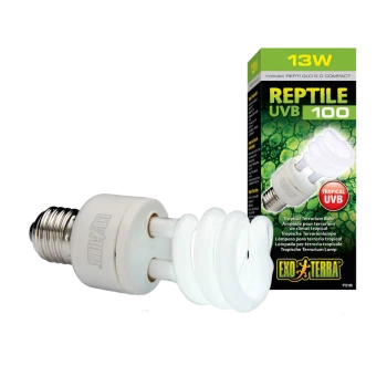 Kompakte fluoreszierende UVB-Lampe für Reptilien, beschriftet mit "Reptile UVB 100," 13W, mit Details zur tropischen Terrarienlampe auf der Box.