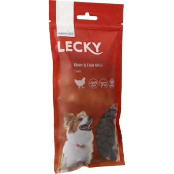 Rote Verpackung von LECKY Hundeleckerlis mit einem glücklichen Hund, beschriftet "Klein & Fein Mini Classic," mit Details: ">64% Fleisch, glutenfrei, weicher Snack."