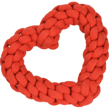 Rotes geflochtenes Seilspielzeug in Herzform, ideal für Haustiere zum Kauen und Spielen.