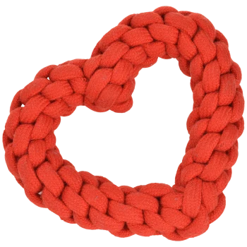 Red braided rope toy shaped like a heart, ideal for pets to chew and play with.
