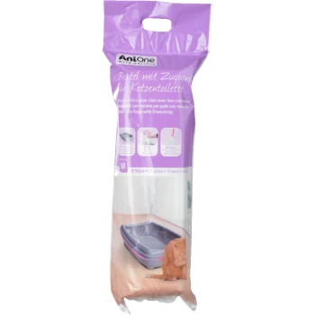 Lila Verpackung für Katzenstreu-Taschen mit Zugband, beschriftet mit "Anione Wild Variety", enthält 12 Taschen für eine einfache Reinigung.