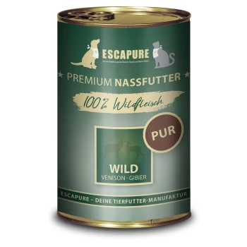 Dose mit Escapure Premium-Nassfutter, beschriftet mit "100% Wildfleisch" auf grünem Hintergrund, mit Hirschsilhouetten und dem Wort "WILD."