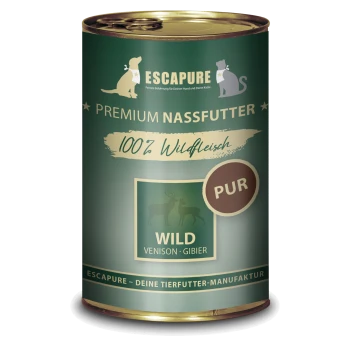 Dose mit Escapure Premium-Nassfutter, beschriftet mit "100% Wildfleisch" auf grünem Hintergrund, mit Hirschsilhouetten und dem Wort "WILD."