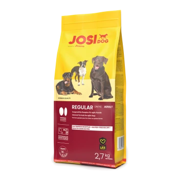 JosiDog Regular Adult Hundefutterbeutel, glutenfreie Formel für agile Hunde, 2,7 kg, deutsche Qualität mit Bildern von drei Hunden.