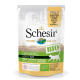 Verpackung von Schesir Organic Adult Cat Food in Grün und Weiß, die "BIO", "1 Tierprotein" und "Erste Zutat Huhn" zeigt.