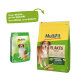 Deux paquets de nourriture pour chiens MultiFit : à gauche, vert avec "Flocken", à droite, jaune avec "FLAKES ADULT", tous deux de 7 kg, mettant en avant un message de qualité.