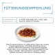 Obrazek z karmą dla kotów z zaleceniem karmienia: "4 porcje dziennie dla średniego kota o wadze 4 kg, podzielone na 2-3 posiłki."