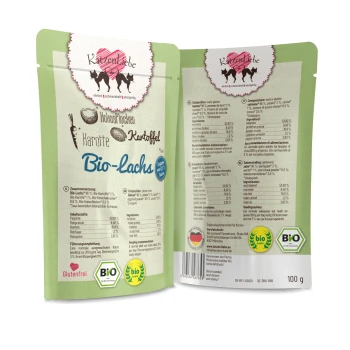 Verpackung für "Bio-Lachs" Katzenfutter mit Lachs, Karotten und Kartoffeln; enthält Nährwertinformationen und Zertifizierungen.